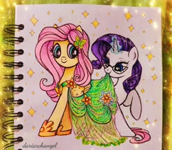 Size: 3409x2990 | Tagged: safe, artist:dariarchangel, fluttershy, rarity, butterfly, pegasus, pony, unicorn, g4, beads, big eyes, clothes, cute, daaaaaaaaaaaw, dress, duo, duo female, female, flower, folded wings, glasses, glowing, glowing horn, green dress, hairclip, hoof shoes, horn, lesbian, long hair, long mane, long tail, looking at someone, magic, magic aura, modelshy, mouth hold, photo, pink mane, purple mane, raised hoof, raribetes, rarity's glasses, see-through, ship:flarity, shipping, shoes, shyabetes, sketchbook, smiling, sparkles, standing, tail, telekinesis, traditional art, white coat, wings, yellow coat