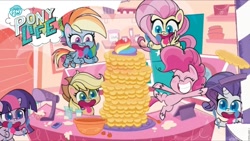 Size: 1200x675 | Tagged: safe, screencap, applejack, fluttershy, pinkie pie, rainbow dash, rarity, twilight sparkle, alicorn, earth pony, pegasus, pony, unicorn, campfire stories, g4, g4.5, my little pony: pony life, bipedal, food, frying pan, horn, imminent stuffing, knife, mixer, pancakes, spoon, sugarcube corner, tongue out, twilight sparkle (alicorn)