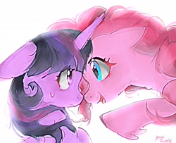 Size: 2048x1666 | Tagged: safe, artist:petaltwinkle, pinkie pie, twilight sparkle, earth pony, pony, unicorn, g4, alternate design, bangs, blue eyes, blurry, blushing, boop, colored hooves, curly mane, duo, duo female, ears back, eye clipping through hair, eyelashes, female, fetlock tuft, filter, floppy ears, frown, hooves, horn, looking at each other, looking at someone, mare, noseboop, open mouth, open smile, pink coat, pink hooves, pink mane, profile, purple coat, purple eyes, raised hoof, shiny, shiny eyes, signature, simple background, smiling, smiling at someone, straight mane, sweat, sweatdrop, three toned mane, tongue out, tri-color mane, tri-colored mane, tricolor mane, tricolored mane, unicorn horn, unicorn twilight, unshorn fetlocks, white background