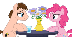 Size: 2082x1086 | Tagged: safe, artist:rogan140, pinkie pie, oc, oc:braden, earth pony, pony, g4, canon x oc, duo, duo male and female, female, flower, glass, looking at each other, looking at someone, male, mare, shipping, show accurate, simple background, stallion, straight, style emulation, table, transparent background, vase