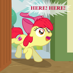 Size: 1919x1919 | Tagged: safe, artist:nitei, apple bloom, earth pony, pony, g4, atg 2024, bow, bush, cloud, dialogue, door, female, filly, foal, hair bow, messy mane, newbie artist training grounds, ponyville schoolhouse, running, solo, text, tree, yelling