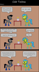 Size: 1920x3516 | Tagged: safe, artist:techno-babble, oc, oc only, oc:stratus wing, oc:techno babble, earth pony, pegasus, pony, comic:club techno, series:technoverse, g4, 3 panel comic, 3d, comic, male, slice of life, speech bubble, stallion, talking