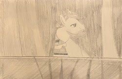 Size: 3502x2284 | Tagged: safe, artist:mlpfantealmintmoonrise, on stage, earth pony, g4, atg 2024, clothes, curtains, facial hair, irl, leaning forward, light, looking offscreen, male, monochrome, necktie, newbie artist training grounds, pencil drawing, photo, picture, shadow, shaved, short mane, stage, stallion, suit, traditional art