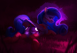 Size: 3586x2484 | Tagged: safe, artist:itssim, princess luna, alicorn, pony, g4, blushing, bridle, butt, clothes, commission, commissioner:shaddar, dock, ear fluff, female, folded wings, grass, high res, horn, looking at you, looking back, looking back at you, lying down, mare, moonbutt, plot, prone, saddle, smiling, smiling at you, socks, solo, sploot, tack, tail, wings