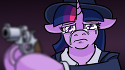 Size: 700x393 | Tagged: safe, artist:jargon scott, twilight sparkle, pony, unicorn, g4, bust, clothes, crying, depth of field, fedora, female, floppy ears, frown, gun, handgun, hat, hoof hold, horn, mare, meme, narrowed eyes, ponified meme, revolver, solo, suit