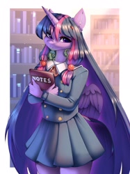 Size: 1535x2048 | Tagged: safe, artist:alphadesu, twilight sparkle, alicorn, chameleon, anthro, g4, book, bookshelf, border, clothes, female, legs together, library, long mane, looking at you, mare, notes, passepartout, school uniform, skirt, solo, twilight sparkle (alicorn)