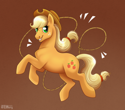 Size: 2000x1765 | Tagged: safe, artist:jenery, applejack, earth pony, pony, g4, applejack's hat, cowboy hat, emanata, female, gradient background, grin, hat, lasso, mare, rope, smiling, solo