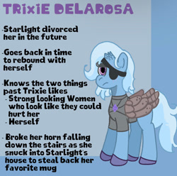 Size: 828x823 | Tagged: safe, artist:zoeyhorse, trixie, pony, unicorn, g4, alternate name, alternate universe, armor, artificial wings, augmented, bad future, blue background, broken horn, colored hooves, eye scar, eyepatch, facial scar, female, frown, hooves, horn, implied lesbian, implied selfcest, implied shipping, implied startrix, jewelry, lidded eyes, mare, mechanical wing, necklace, no catchlights, purple hooves, scar, solo, text, wings