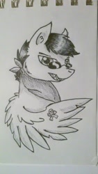 Size: 1296x2304 | Tagged: safe, artist:drakovyte, oc, oc only, pegasus, pony, 2015, black hair, bust, glasses, grayscale, grin, monochrome, pegasus oc, smiling, solo, stallion oc, traditional art