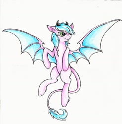 Size: 1613x1639 | Tagged: safe, artist:drakovyte, oc, oc only, bat pony, pony, 2015, bat pony oc, blue mane, blue wings, full body, green eyes, leonine tail, pink coat, simple background, solo, tail, white background, wings