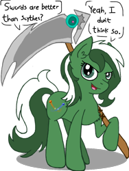 Size: 600x800 | Tagged: safe, artist:drakovyte, oc, oc only, earth pony, pony, 2015, earth pony oc, frown, green coat, green eyes, green hair, green tail, holding, mare oc, open mouth, open smile, reference sheet, scythe, simple background, smiling, solo, tail, transparent background, two toned mane, two toned tail, white hair, white tail