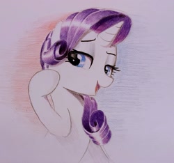 Size: 2265x2117 | Tagged: safe, artist:mizhisha, rarity, pony, unicorn, g4, beautiful, colored pencil drawing, female, horn, lidded eyes, looking back, mare, open mouth, open smile, playing with hair, raised hoof, smiling, solo, traditional art