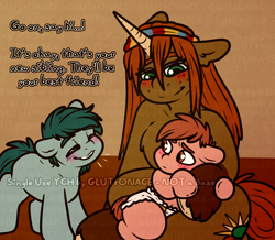 Size: 2000x1745 | Tagged: safe, artist:sexygoatgod, oc, oc only, oc:little bud, pony, unicorn, age regression, baby, baby pony, blushing, commission, female, foal, horn, introduction, mare, transformation, trio, wip, ych sketch, younger, your character here