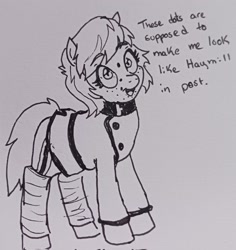 Size: 1934x2048 | Tagged: safe, artist:pony quarantine, oc, oc only, earth pony, pony, clothes, dialogue, female, grayscale, jacket, mare, monochrome, open mouth, open smile, pen drawing, smiling, solo, traditional art