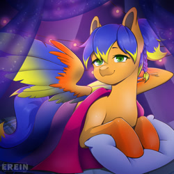 Size: 2000x2000 | Tagged: safe, alternate character, alternate version, artist:erein, oc, oc only, oc:solar aura, pegasus, pony, bedroom, bisexual, bisexual pride flag, braid, colored wings, commission, commissioner:solar aura, ears up, flag, garland, green eyes, high res, indoors, lgbt, looking at you, multicolored hair, multicolored tail, night, pegasus oc, pillow, ponytail, pride, pride flag, pride month, room, smiling, smiling at you, solo, spread wings, string lights, tail, wings, ych result