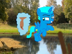 Size: 2352x1776 | Tagged: safe, artist:memeartboi, oc, oc only, alicorn, fish, pony, g4, alicorn oc, alicornified, alternate universe, colt, dead, foal, glowing, glowing horn, grass, grin, gumball watterson, horn, lake, male, ponified, race swap, sinister smile, smiling, solo, spread wings, the amazing world of gumball, theory, tree, water, wings