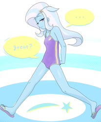 Size: 1777x2146 | Tagged: safe, artist:batipin, trixie, human, equestria girls, g4, clothes, cutie mark on clothes, one-piece swimsuit, solo, speech bubble, swimsuit