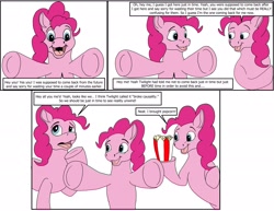 Size: 2495x1928 | Tagged: safe, artist:termyotter, pinkie pie, earth pony, pony, g4, atg 2024, female, food, fourth wall, implied time travel, mare, newbie artist training grounds, popcorn, self paradox, self ponidox