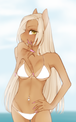 Size: 1840x2944 | Tagged: safe, artist:kichakocha, oc, oc only, oc:aya, earth pony, anthro, belly button, belly piercing, bikini, blonde, clothes, female, hand on hip, long hair, piercing, solo, swimsuit