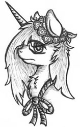 Size: 244x389 | Tagged: safe, artist:drakovyte, oc, oc only, pony, unicorn, bust, female, grayscale, horn, mare, monochrome, portrait, simple background, solo, unicorn oc, white background