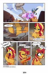 Size: 3500x5369 | Tagged: safe, artist:light262, gabby, sunset shimmer, griffon, pegasus, pony, unicorn, comic:together forever, equestria girls, g4, female, floppy ears, horn, mare, ponyville, twilight's castle