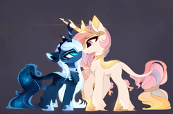Size: 3341x2216 | Tagged: safe, artist:magnaluna, princess celestia, princess luna, kirin, g4, :p, boop, chest fluff, countershading, crossed horns, crown, cute, cutelestia, duo, duo female, ear fluff, eye contact, eyeshadow, female, fluffy, frown, glare, gray background, hoof fluff, hoof shoes, horn, horns are touching, jewelry, kirin celestia, kirin luna, kirin-ified, leg fluff, leonine tail, lidded eyes, looking at each other, looking at someone, lunabetes, makeup, nightmare luna, noseboop, peytral, pink-mane celestia, princess shoes, profile, regalia, royal sisters, scales, siblings, side view, sillestia, silly, simple background, sisters, size difference, slit pupils, smiling, smirk, species swap, tail, tail fluff, tail wrap, tongue out, unamused