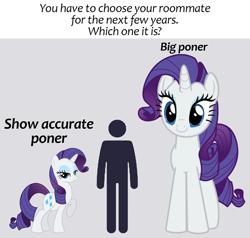 Size: 640x610 | Tagged: safe, artist:august_bebel, rarity, human, pony, unicorn, g4, big pony, eyeshadow, female, giant pony, giant rarity, giantess, horn, lidded eyes, macro, makeup, mare, meme, raised hoof, self paradox, self ponidox, size comparison, size difference, small pony, smiling, trio