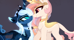 Size: 2123x1151 | Tagged: safe, artist:magnaluna, princess celestia, princess luna, kirin, g4, :p, boop, chest fluff, close-up, countershading, crown, cute, cutelestia, duo, duo female, eye contact, female, hoof shoes, horn, horns are touching, jewelry, kirin celestia, kirin luna, kirin-ified, leonine tail, looking at each other, looking at someone, lunabetes, noseboop, peytral, profile, regalia, royal sisters, siblings, side view, sillestia, silly, sisters, slit pupils, smiling, species swap, tail, tongue out