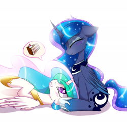 Size: 3000x2900 | Tagged: dead source, safe, artist:magnaluna, princess celestia, princess luna, alicorn, pony, g4, blushing, cake, cakelestia, duo, duo female, ethereal mane, ethereal tail, eyes closed, female, folded wings, food, heart, heart eyes, high res, hoof shoes, horn, lying down, mare, on back, peytral, pictogram, princess shoes, profile, royal sisters, siblings, side view, simple background, sisters, sitting, smiling, speech bubble, tail, white background, wingding eyes, wings