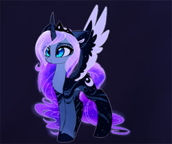 Size: 1954x1635 | Tagged: safe, artist:magnaluna, princess luna, alicorn, pony, zefiros codex, g4, alternate design, alternate hairstyle, body markings, color porn, colored wings, colored wingtips, crown, curved horn, cute, eye clipping through hair, eyebrows, eyebrows visible through hair, female, horn, jewelry, lunabetes, mare, multicolored wings, pale belly, regalia, solo, spread wings, tail, wings