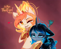 Size: 2183x1747 | Tagged: safe, artist:magnaluna, princess celestia, princess luna, alicorn, pony, g4, alternate design, alternate universe, bat wings, blushing, crown, curved horn, duo, duo female, eyebrows, eyebrows visible through hair, fangs, female, heart, hoof shoes, horn, jewelry, lidded eyes, looking at you, luna is not amused, mare, one eye closed, open mouth, open smile, peytral, princess shoes, regalia, royal sisters, siblings, side hug, sisters, slit pupils, smiling, smiling at you, unamused, wings, wink, winking at you