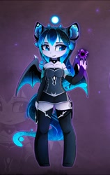 Size: 1286x2034 | Tagged: safe, alternate version, artist:magnaluna, princess luna, alicorn, bat pony, bat pony alicorn, anthro, unguligrade anthro, g4, ambiguous facial structure, bat wings, breasts, choker, chokerluna, clothes, corset, dress, ear fluff, evening gloves, female, gloves, horn, knife, long gloves, looking at something, magic, magic orb, nail polish, scabbard, smiling, socks, solo, spread wings, thigh highs, wings, zettai ryouiki, zoom layer