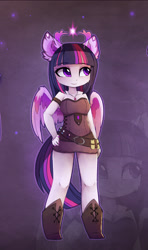 Size: 1196x2016 | Tagged: safe, alternate version, artist:magnaluna, twilight sparkle, alicorn, anthro, unguligrade anthro, g4, ambiguous facial structure, belt, belt buckle, boots, breasts, busty twilight sparkle, cheek fluff, clothes, colored wings, corset, cute, cutie mark accessory, cutie mark necklace, dress, ear fluff, eyebrows, eyebrows visible through hair, female, jewelry, looking at something, multicolored wings, necklace, scroll, shoes, smiling, solo, spread wings, twiabetes, twilight sparkle (alicorn), wings, zoom layer