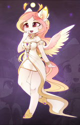 Size: 1304x2034 | Tagged: safe, alternate version, artist:magnaluna, princess celestia, alicorn, anthro, unguligrade anthro, g4, ambiguous facial structure, bracelet, breasts, busty princess celestia, cleavage, clothes, colored wings, dress, ear fluff, eyebrows, eyebrows visible through hair, female, jewelry, multicolored wings, open mouth, open smile, regalia, smiling, solo, spread wings, wings, zoom layer