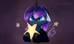 Size: 2632x1591 | Tagged: safe, artist:magnaluna, princess luna, alicorn, pony, g4, :3, cheek fluff, curved horn, cute, eating, edible heavenly object, ethereal wings, eye clipping through hair, female, floating wings, floppy ears, galaxy mane, hnnng, horn, lunabetes, mare, nom, smiling, solo, stars, tangible heavenly object, wings
