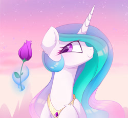 Size: 2500x2300 | Tagged: dead source, safe, artist:magnaluna, princess celestia, alicorn, pony, g4, blushing, ear fluff, female, flower, heart, heart eyes, high res, horn, levitation, magic, mare, peytral, profile, rose, sky, smiling, solo, stars, telekinesis, wingding eyes