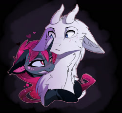 Size: 1555x1443 | Tagged: safe, artist:magnaluna, princess luna, oc, oc:zefiroth, alicorn, dragon, pony, g4, alternate design, alternate universe, blood moon luna, blushing, body markings, bust, canon x oc, chest fluff, curved horn, cute, cute little fangs, dragon oc, duo, duo male and female, ear fluff, fangs, female, floppy ears, horn, horns, hug, looking at each other, looking at someone, male, mare, missing accessory, nom, non-pony oc, shipping, straight