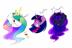 Size: 3400x2245 | Tagged: dead source, safe, artist:magnaluna, princess celestia, princess luna, twilight sparkle, alicorn, pony, g4, ^^, alcohol, blob, blob ponies, blush sticker, blushing, chibi, crown, curved horn, cute, ear fluff, eyes closed, female, glass, glowing, glowing horn, grin, high res, horn, jewelry, levitation, magic, magic aura, mare, open mouth, regalia, royal sisters, siblings, simple background, sisters, smiling, telekinesis, trio, trio female, twilight sparkle (alicorn), white background, wine, wine glass
