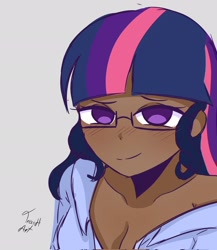 Size: 1775x2048 | Tagged: safe, artist:eltrash_art6, twilight sparkle, human, g4, bare shoulders, bedroom eyes, blushing, clothes, cute, dark skin, female, glasses, gray background, humanized, messy hair, shirt, simple background, solo, twiabetes