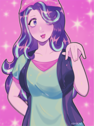 Size: 1611x2148 | Tagged: safe, artist:kekibon, starlight glimmer, human, equestria girls, g4, :p, beanie, blushing, breasts, clothes, cute, female, glimmerbetes, hair over one eye, hat, shirt, solo, t-shirt, tongue out, vest