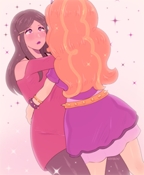 Size: 2261x2748 | Tagged: safe, artist:kekibon, adagio dazzle, human, g4, bedroom eyes, belt, blushing, bra, bra strap, clothes, crossover, crossover shipping, dress, duo, duo female, eyeshadow, female, hug, humanized, leggings, lesbian, lipstick, looking at each other, looking at someone, makeup, mandy (totally spies), shipping, shirt, skirt, spiked wristband, totally spies, underwear, wristband