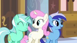 Size: 1920x1080 | Tagged: safe, screencap, lyra heartstrings, minuette, twinkleshine, pony, unicorn, a canterlot wedding, g4, season 2, adorableshine, cute, door, eyes closed, female, furniture, horn, indoors, looking at someone, lyrabetes, mare, minubetes, open mouth, open smile, smiling, tail, trio, trio female