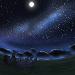 Size: 1500x1500 | Tagged: safe, artist:valthonis, oc, oc only, oc:dima, oc:valsie, pegasus, pony, unicorn, duo, horn, lying down, moon, night, on back, scenery, scenery porn, sky, starry night, stars