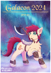Size: 2024x2862 | Tagged: safe, artist:autumnsfur, oc, oc only, oc:canni soda, earth pony, pony, galacon, accessory, aurora borealis, axe, braid, chest fluff, clothes, cream coat, cream fur, detailed background, earth pony oc, female, full body, galacon 2024, green eyes, hooves, looking at you, mare, mountain, night, night sky, outdoors, poster, raised hoof, red hair, red mane, red tail, signature, sky, snow, solo, stars, tail, viking, weapon