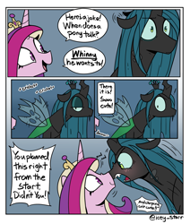 Size: 2576x3038 | Tagged: safe, artist:icey, princess cadance, queen chrysalis, alicorn, changeling, changeling queen, pony, g4, angry, blushing, boop, bugs doing bug things, chirping, comic, crown, cute, cute bug noises, cutealis, cutedance, duo, duo female, female, high res, i'm not cute, jewelry, joke, madorable, mare, nose wrinkle, noseboop, pun, queen chrysalis is not amused, regalia, trolldance, tsundalis, tsundere, unamused