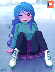 Size: 1000x1315 | Tagged: safe, artist:uotapo, izzy moonbow, human, equestria girls, g4, g5, blushing, boots, clothes, cute, equestria girls-ified, female, g5 to equestria girls, g5 to g4, generation leap, ice, ice skates, ice skating, izzybetes, leggings, open mouth, shoes, skates, skirt, solo, sweater, uotapo is trying to murder us