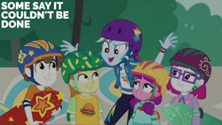 Size: 2000x1125 | Tagged: safe, edit, edited screencap, editor:quoterific, screencap, gallop j. fry, lily longsocks, little red, rainbow dash, super funk, human, equestria girls, g4, my little pony equestria girls: better together, sic skateboard, child, children, female, male