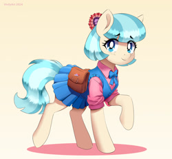 Size: 2018x1867 | Tagged: safe, artist:vinilyart, coco pommel, earth pony, pony, g4, bag, blue dress, bowtie, button-up shirt, clothes, dress, dress shirt, eyebrows, eyebrows visible through hair, female, hairclip, mare, pink shirt, saddle bag, shirt, simple background, solo