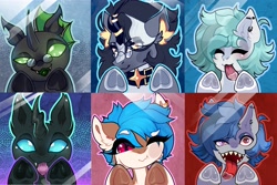 Size: 4096x2731 | Tagged: safe, artist:minty--fresh, oc, oc only, oc:dronea-24-753, oc:lissy fluffball, oc:lunar grove, oc:nimbus shade, oc:somber shade, oc:tarsi, changeling, kirin, pegasus, pony, changeling oc, cute, glasses, green changeling, kirin oc, one eye closed, pfp, profile picture, tongue out, underhoof, wink