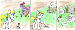 Size: 1900x775 | Tagged: safe, artist:fleximusprime, oc, earth pony, pegasus, atg 2024, earth pony oc, newbie artist training grounds, traditional art, trap (device), wings